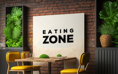 Značka Logo Maketa | Maketa zóny stravování[ | Luxusní restaurace maketa cihlová zeď na pozadí.