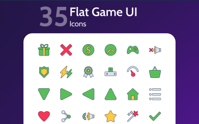 Balíček ikon plochého herního uživatelského rozhraní. Více než 35 elegantních, moderních ikon vytvořených pro různé herní prvky