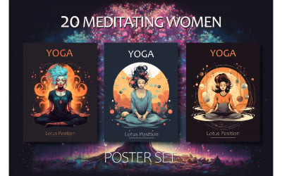 20 meditating women. Poster set.  Yoga.
