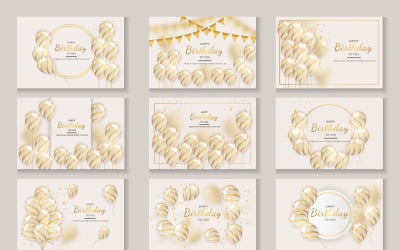 Cenografia de banner de aniversário Texto de saudação de feliz aniversário com balão de ouro elegante