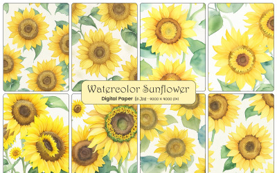 Watercolor sunflower and leaves seamless pattern
