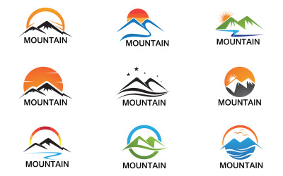 Logotipo de paisaje de montaña y sol v8