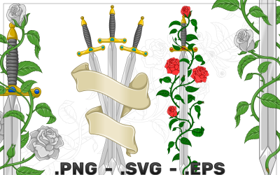 Diseño vectorial de espada rodeada de rosas