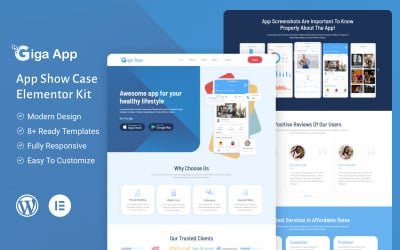 Giga App - Services de santé et de remise en forme Mobile App Showcase Landing Page Elementor kit