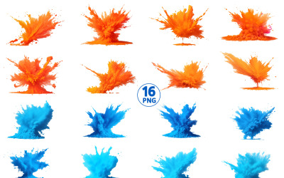 Colorful paint splash explosion of colored powder brush and alcohol ink splatter background set