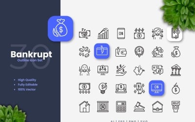 30 Bankrupt Outline Icon Set
