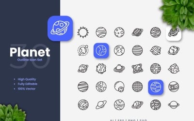 30 Solsystemet Planet Kontur Ikonuppsättning