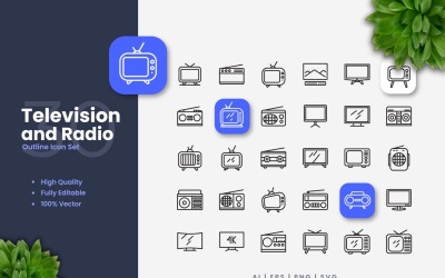 30 Fernseh- und Radio-Umriss-Icon-Set