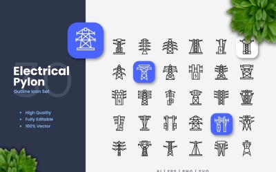 30 Electrical Pylon Outline Icon Set