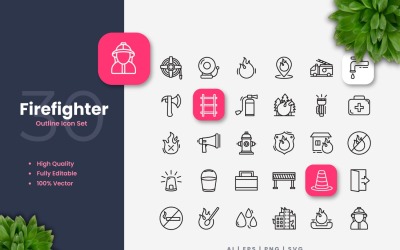 30 Feuerwehr-Umriss-Icon-Set
