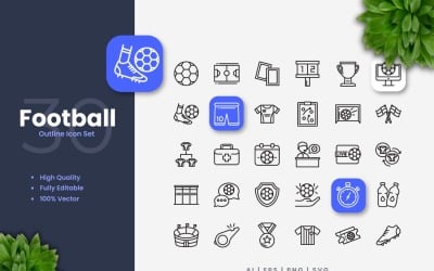 30 Football Outline Icon Set