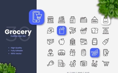 Набор иконок из 30 продуктовых контуров