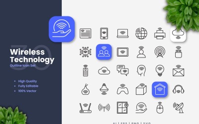30 Set di icone di contorno della tecnologia wireless