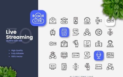 30 Live Streaming Outline Icon Set