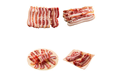 Fette di pancetta isolate su uno sfondo bianco. Insieme di diversi punti di vista. Vettore