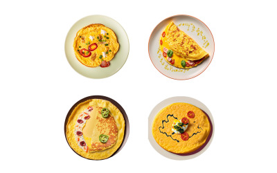 Uppsättning av omelett isolerad på vit bakgrund. Toppvy.