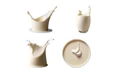 Colección de salpicaduras de leche aisladas sobre fondo blanco. Representación 3D.