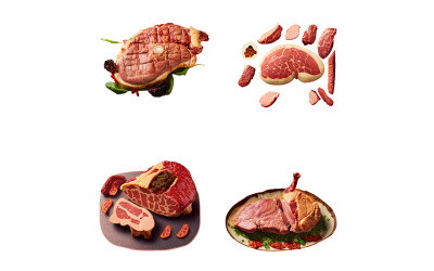 Uppsättning av olika typer av kött på en vit bakgrund. Köttprodukter.