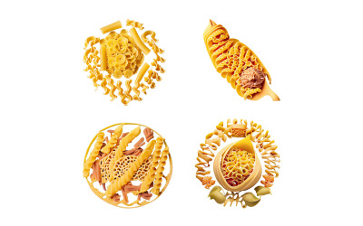 Uppsättning av olika typer av pasta på en vit bakgrund.