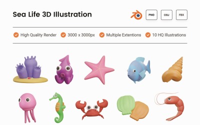 Conjunto de ilustrações 3D da vida marinha