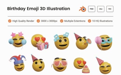 Doğum Günü Emojisi 3D İllüstrasyon Seti