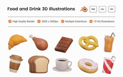 3D-Illustrationsset für Lebensmittel und Getränke