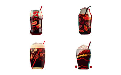 Set di illustrazioni vettoriali di un bicchiere di coca cola con una cannuccia e cubetti di ghiaccio.