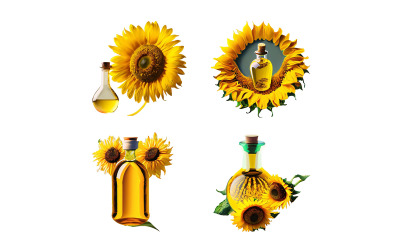 Solrosolja flaskor med solrosor isolerad på vit bakgrund.