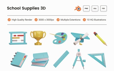 学校用品 3D 插图集