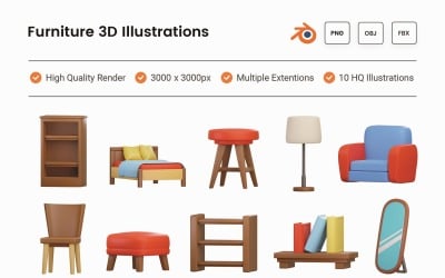 Zestaw ilustracji 3D mebli