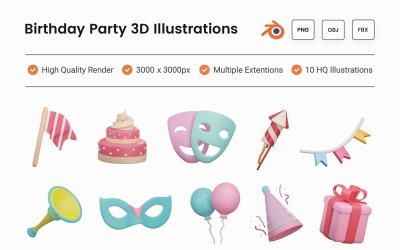 Zestaw ilustracji 3D na przyjęcie urodzinowe