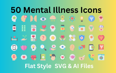 Akıl Hastalığı Simgesi 50 Düz Simge Seti - SVG ve AI Dosyaları