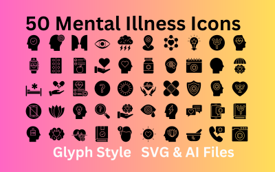 Akıl Hastalığı Simgesi 50 Glif Simgesi Ayarlandı - SVG ve AI Dosyaları