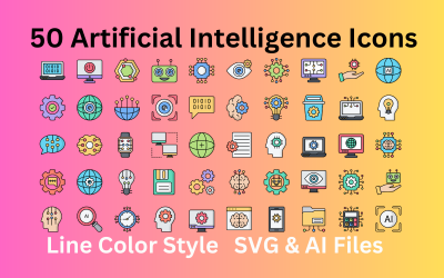 Artificiell intelligens Ikonuppsättning 50 linje färgikoner - SVG och AI-filer
