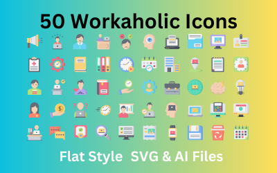 Conjunto de iconos de adicto al trabajo 50 iconos planos: archivos SVG y AI
