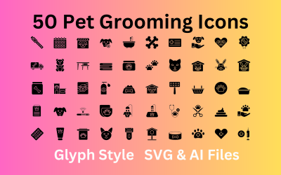 Conjunto de cuidados para animais de estimação com 50 ícones de glifo - arquivos SVG e AI