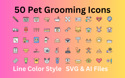 Evcil Hayvan Bakım Seti 50 Satır Renk Simgesi - SVG ve AI Dosyaları