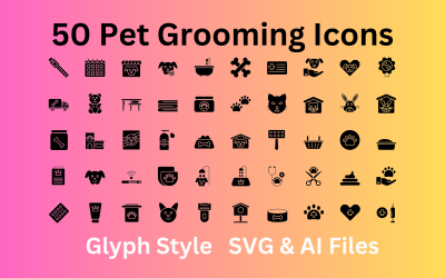 Set di toelettatura per animali domestici 50 icone di glifi - file SVG e AI