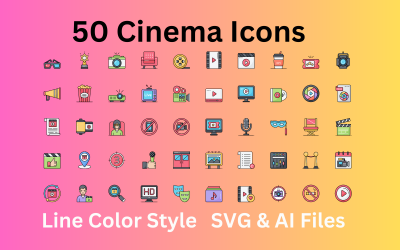 Conjunto de iconos de cine 50 iconos de color de línea: archivos SVG y AI