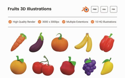 Conjunto de ilustrações 3D de frutas