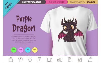 Drago viola dei cartoni animati. Clipart di fantasia.