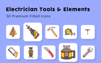 Herramientas y elementos de electricista llenos de iconos