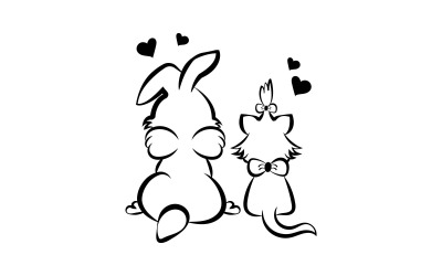 Diseño lindo del logotipo de la vista posterior del conejo y del gato