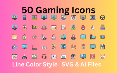 Conjunto de ícones de jogos com 50 ícones coloridos de linhas - arquivos SVG e AI