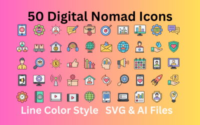 Conjunto de ícones Digital Nomad com 50 ícones de cores de linha - arquivos SVG e AI