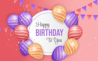 Design de vetor de texto de saudação de aniversário. Tipografia de feliz aniversário com balões de ar