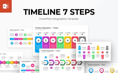 7 lépéses idővonal infografika PowerPoint sablon