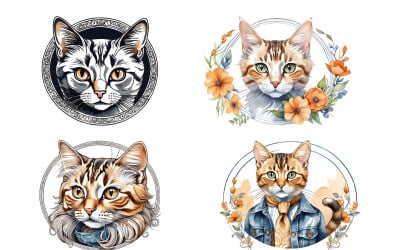 Conjunto de imágenes prediseñadas de ilustración de acuarela de gato