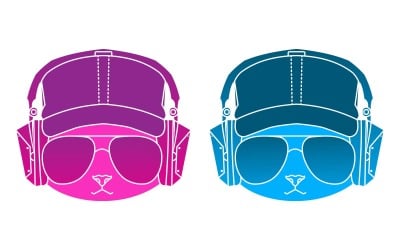Technology Cat Logo Design with cap, Headphones and Glasses