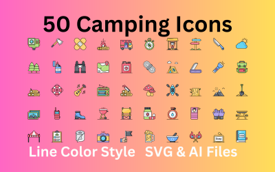 Camping Icon Set 50 čárových barevných ikon - SVG a AI soubor